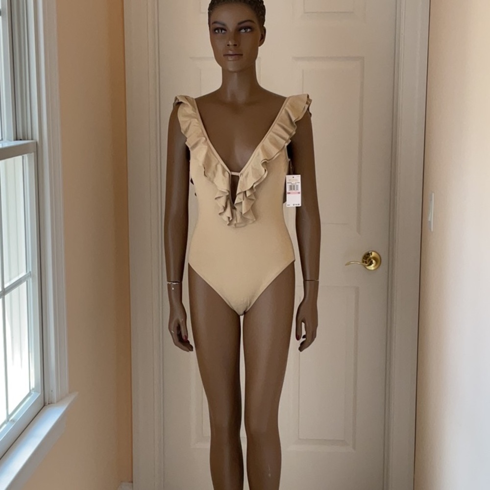 Michael Kors Beige Ruffle One Piece Swimsuit